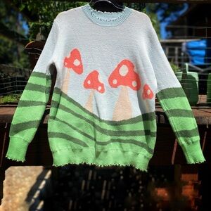 Miss Sparkling XL Women's Green White Crew Neck Sweater Mushroom Stretchy Cozy